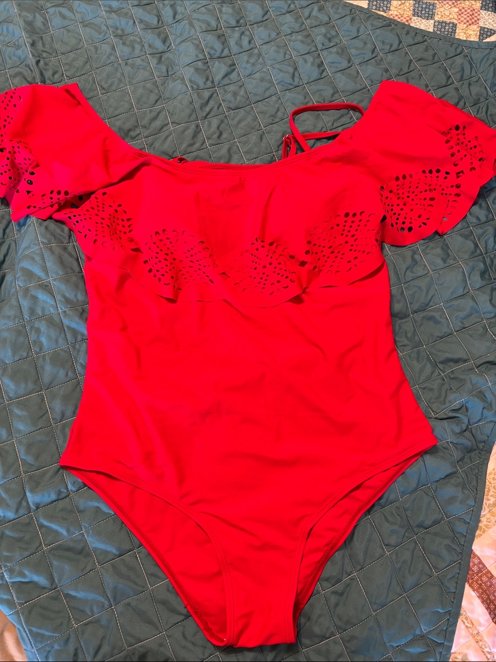 Off-Shoulder Red One-Piece Swimsuit with Ruffle Detail
